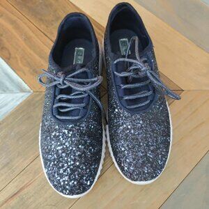 Dark Navy Blue Glitter Lace-Up Sneakers – Sparkly Casual Shoes with White Sole